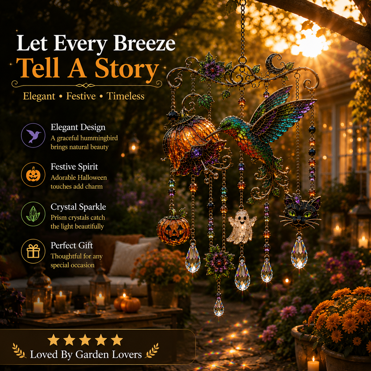 π Halloween Hummingbird Wind Chime | Crystal Garden Hanging Decor