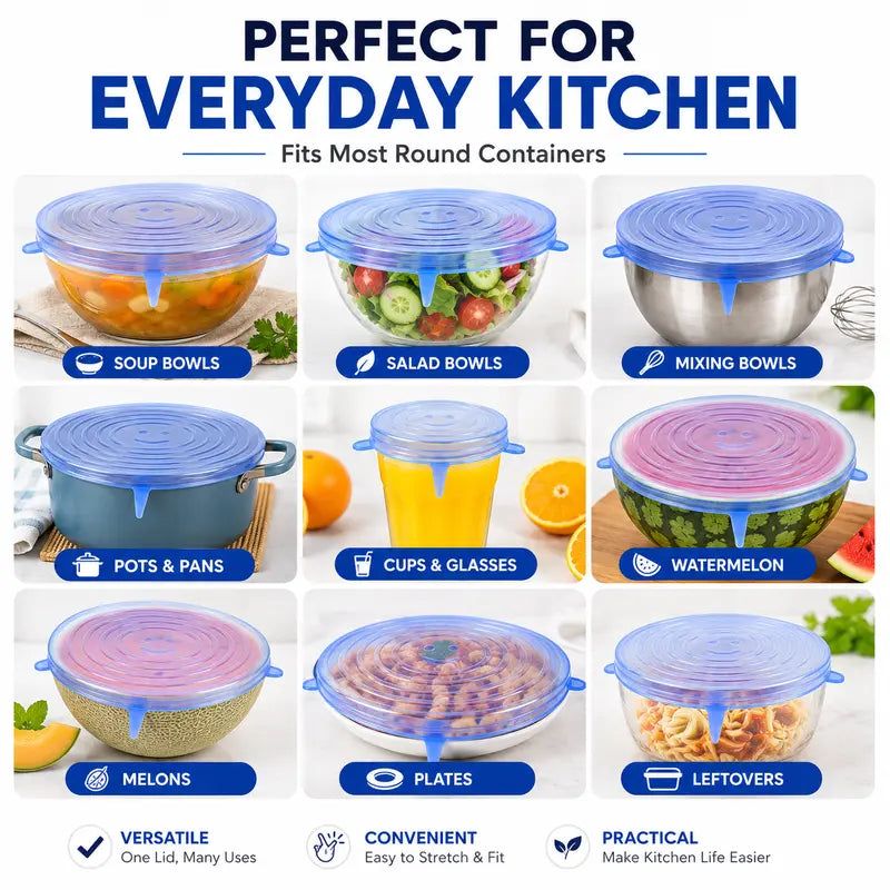 6 Pack Reusable Silicone Stretch Lids | Food-Grade Airtight Covers for Bowls, Pots, Fruits | BPA-Free Microwave & Freezer Safe