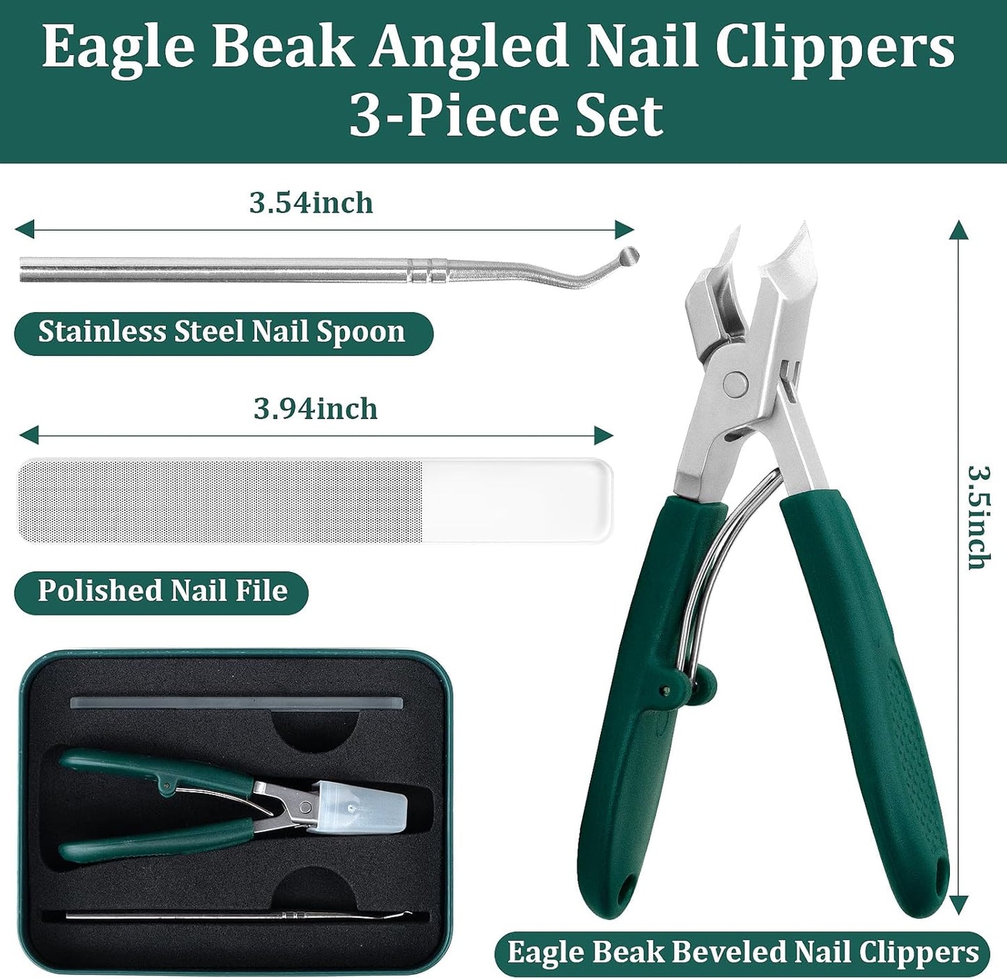 3Pcs Eagle-Beak Ingrown Toenail Clipper – Ultra Sharp, Precision 30° Curved Blade, Splash-Proof