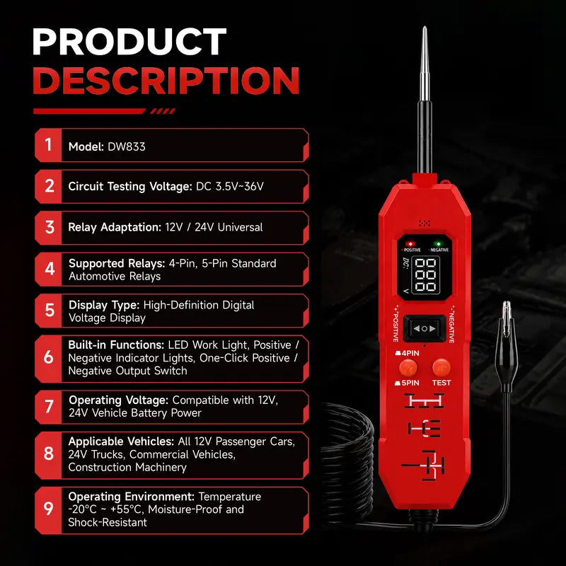 Automotive Circuit & Relay Tester,12V/24V Vehicle Electrical Diagnostic Probe,Voltage Polarity Continuity Short Circuit Detector for Auto Repair