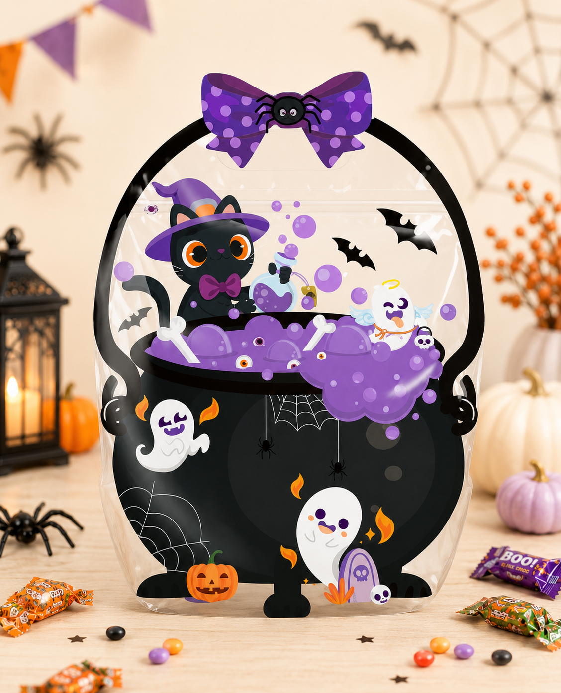 ๐50 Pcs Halloween Goodie Bags โ Clear Cauldron Candy Favor Bags