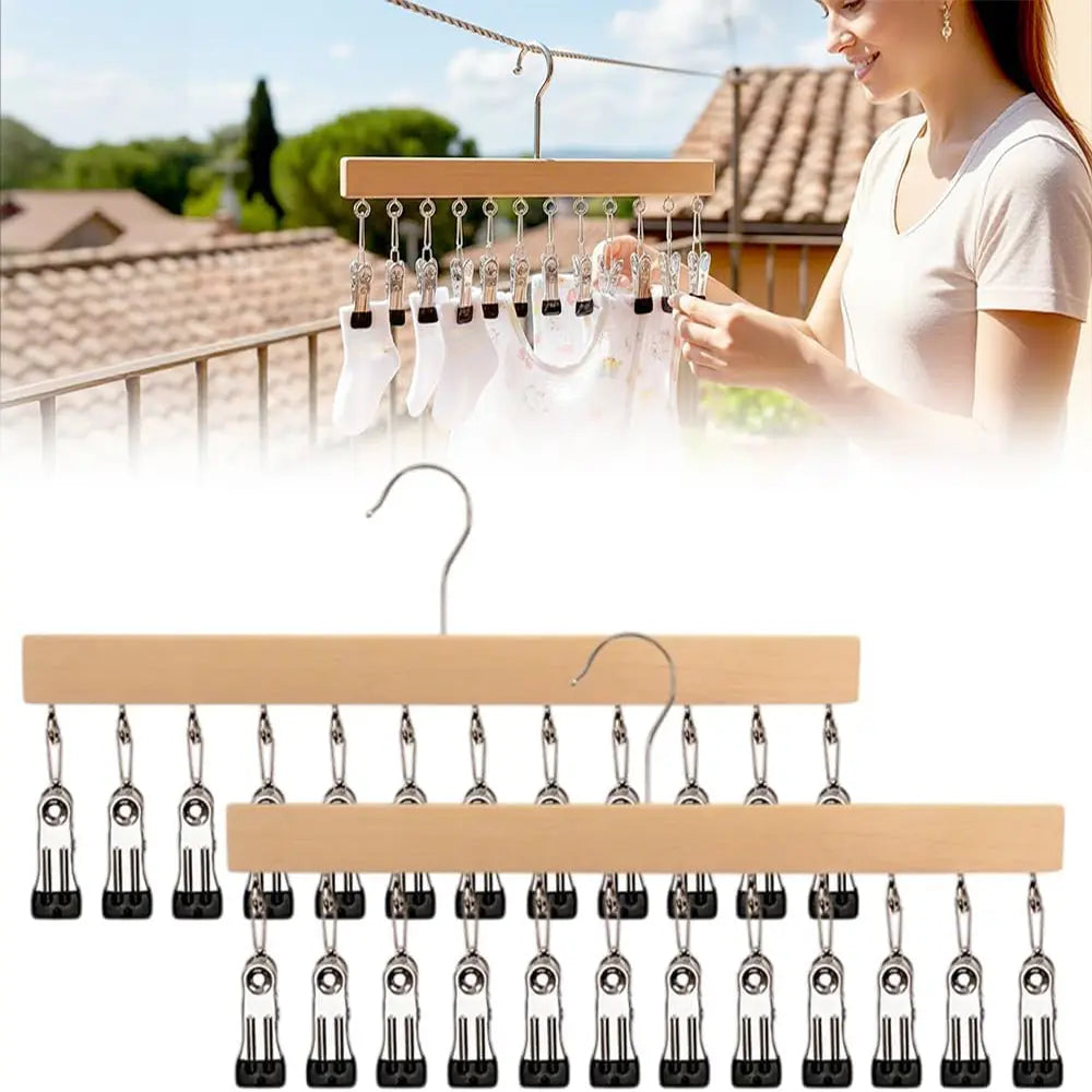 Wooden Hat Organizer with 12 Stainless Steel Clips Holds