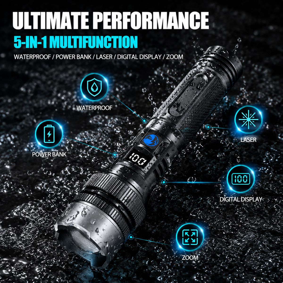 ๐ 50% Off! ๐ High-power flashlight: features an aluminum alloy heat-dissipating head and a telescopic zoom design for powerful, concentrated light; also functions as a power bank and includes a digital battery level display.