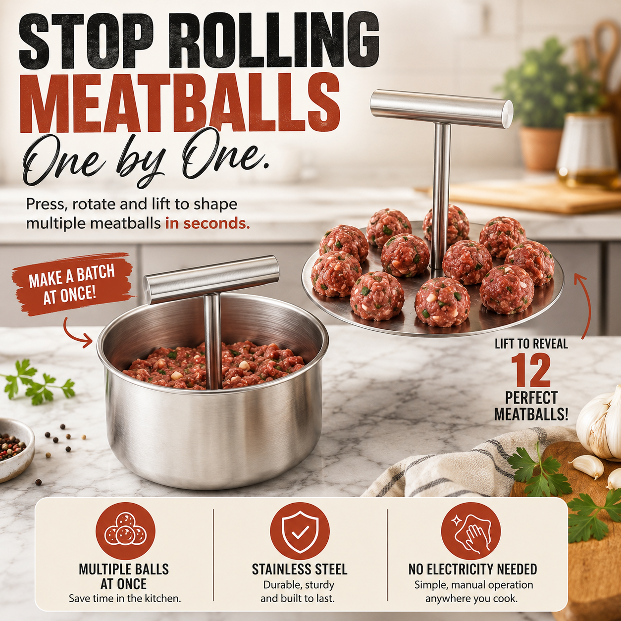 🥩 Stainless Steel Meatball Maker Press – Make Multiple Meatballs at Once