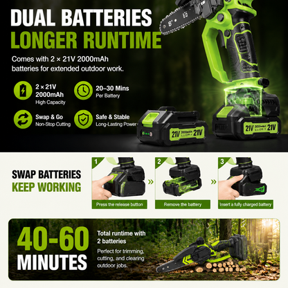 ⚡ 21V Cordless Mini Chainsaw – Dual Battery Garden Cutter🔋