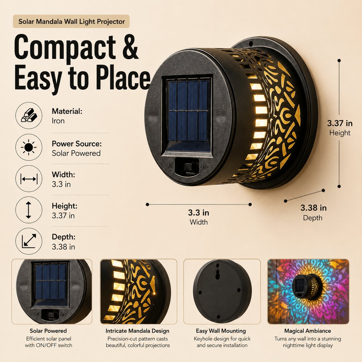 ⏰limited-time 50% OFF🌞Solar Mandala Light – Stunning Pattern Projection, 2-in-1 Floor & Wall Design