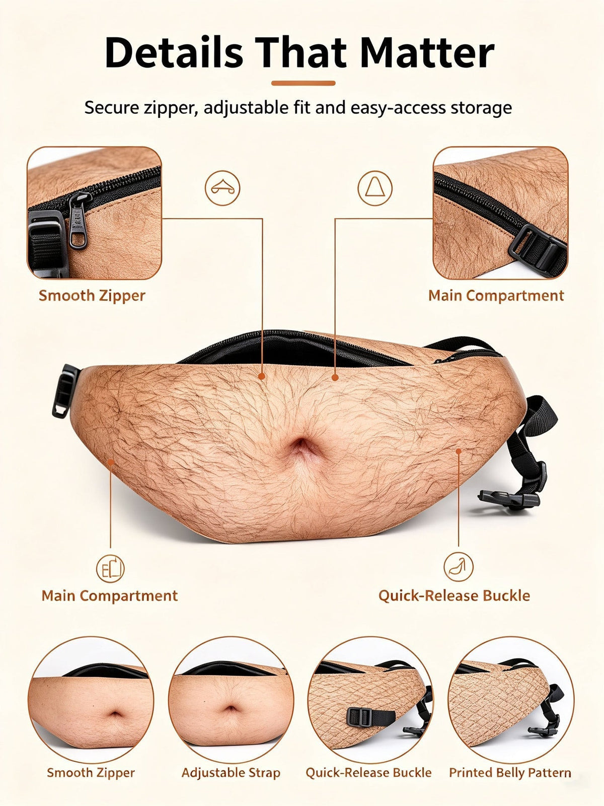 😂Beer Belly Fanny Pack | Realistic Belly Print Waist Bag in 4 Patterns