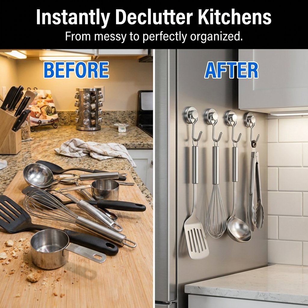 Magnetic swivel hooks organizing kitchen utensils on refrigerator