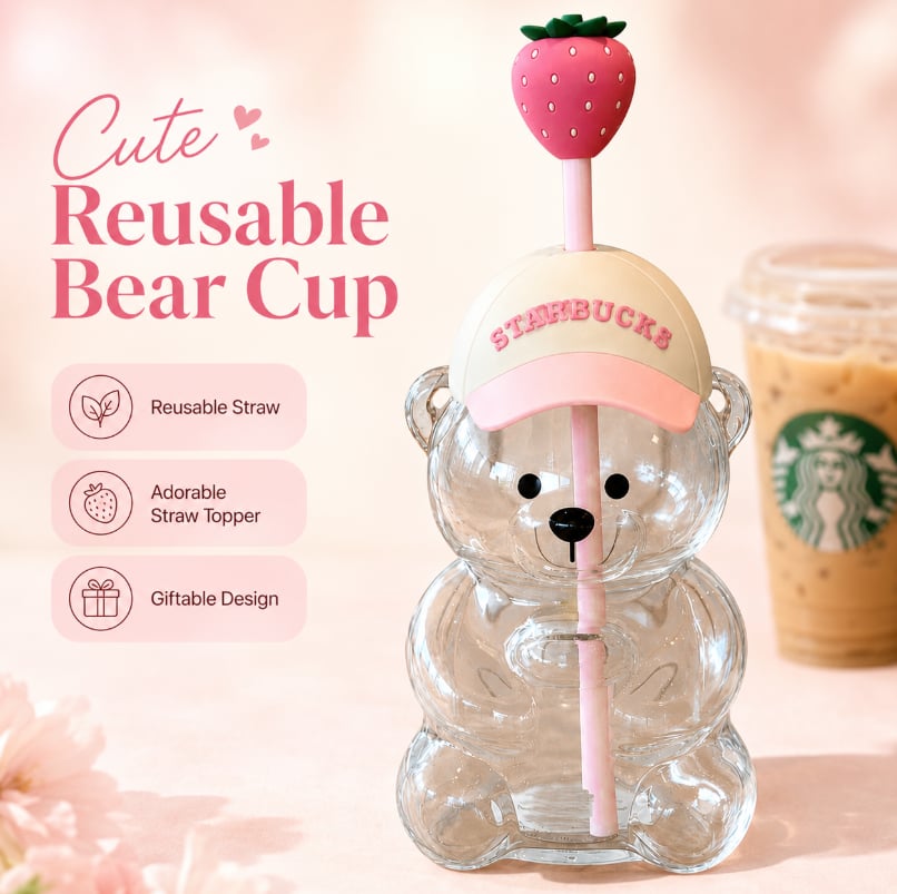 2026 New Cute Beaar Glass Tumbler with Bear Lid & Strawberry Straw