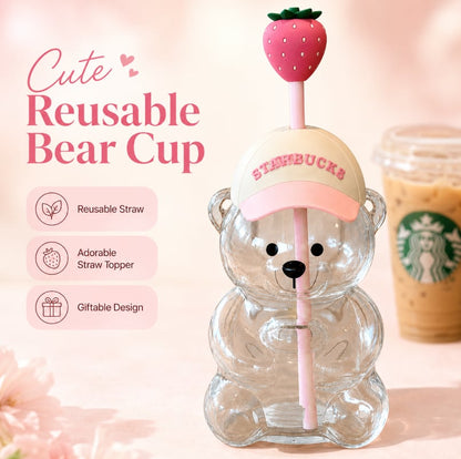 2026 New Cute Beaar Glass Tumbler with Bear Lid & Strawberry Straw
