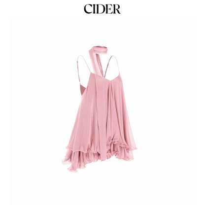 Cider V-Neck Halter Ruffled Tulle Glitter Mini Dress for Women