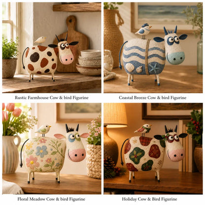 🐄Whimsical Cow & Bird Folk Art Figurine – Rustic Farmhouse Tabletop Decor Gift