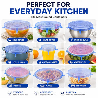 6 Pack Reusable Silicone Stretch Lids | Food-Grade Airtight Covers for Bowls, Pots, Fruits | BPA-Free Microwave & Freezer Safe