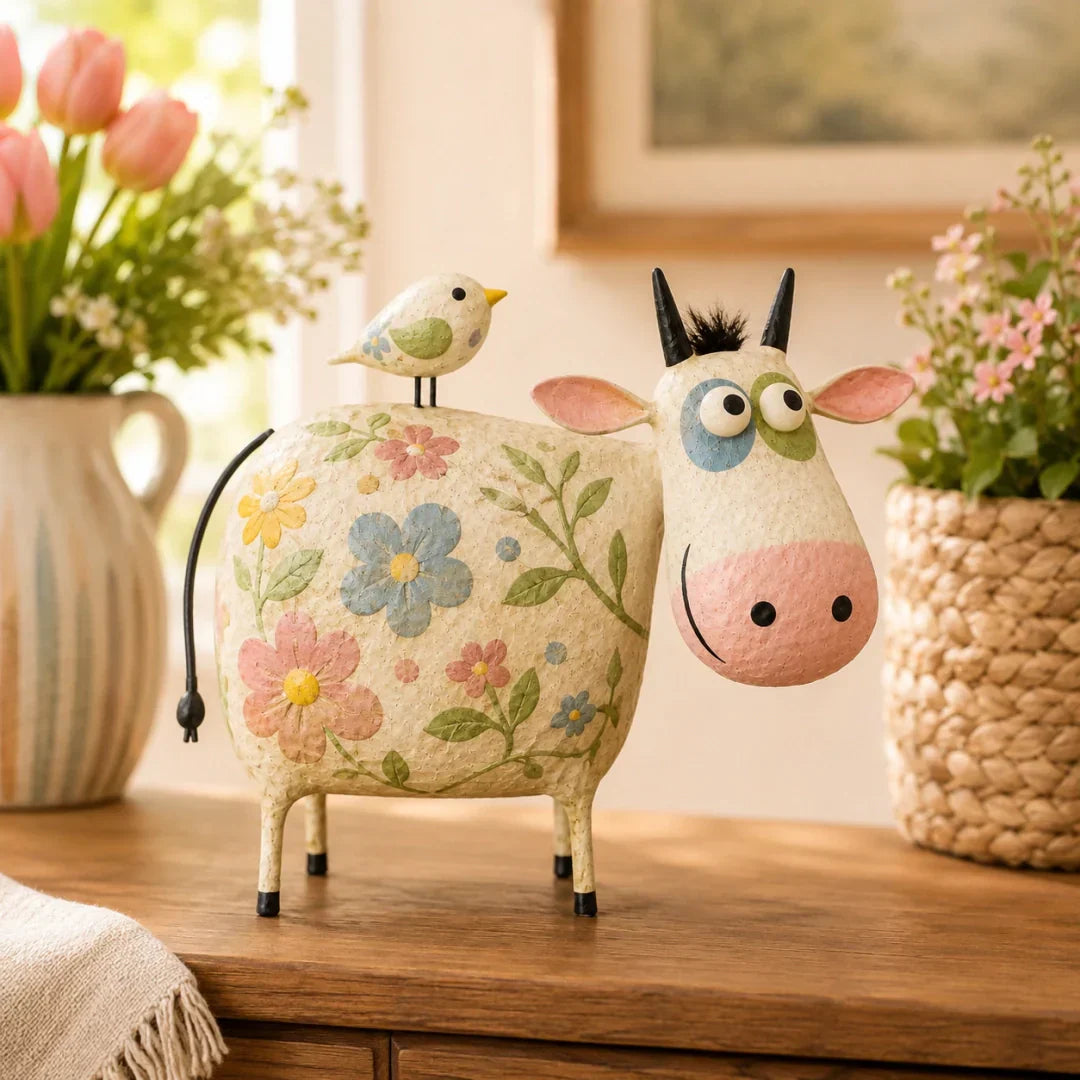 🐄Whimsical Cow & Bird Folk Art Figurine – Rustic Farmhouse Tabletop Decor Gift