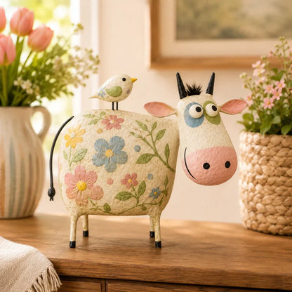 🐄Whimsical Cow & Bird Folk Art Figurine – Rustic Farmhouse Tabletop Decor Gift