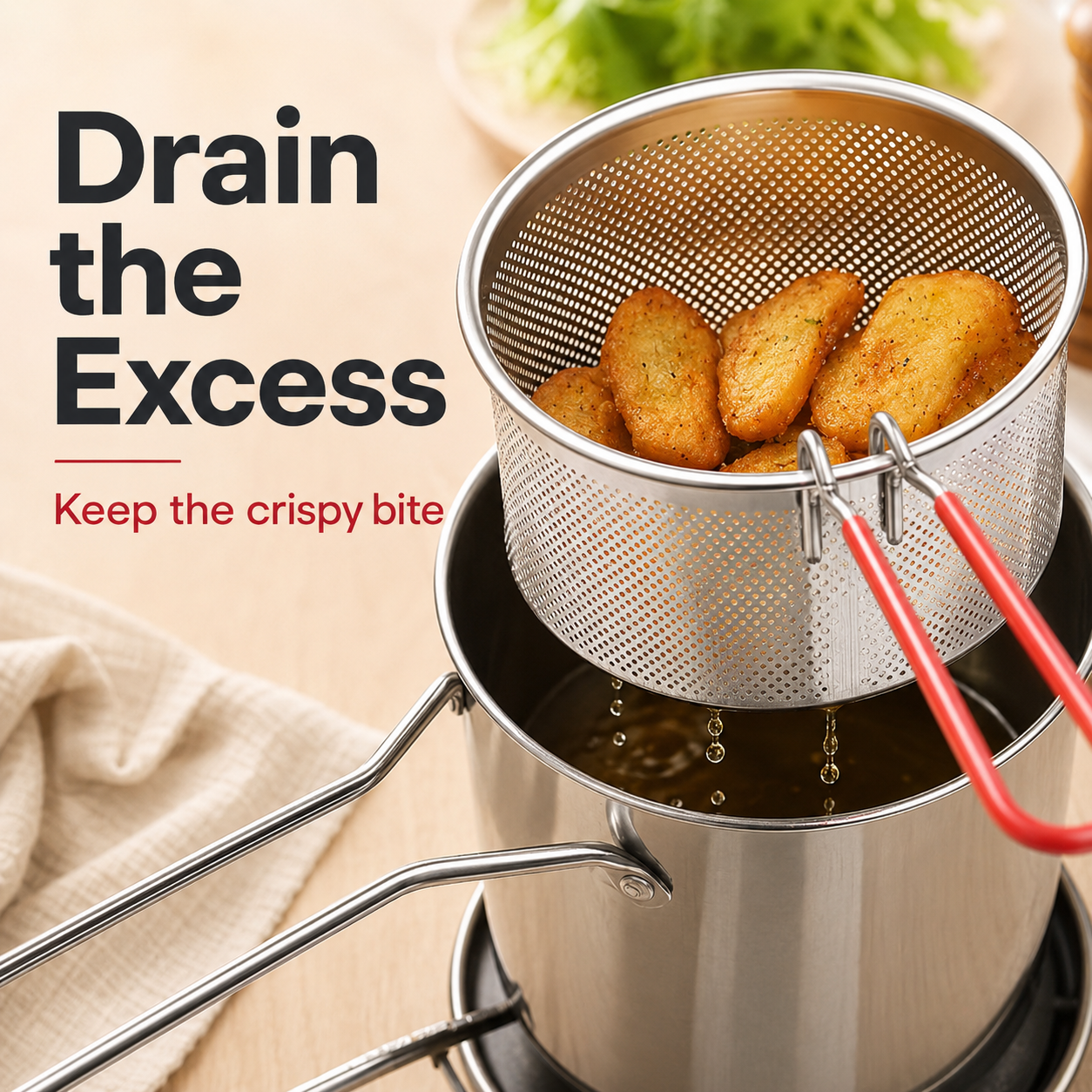 Frying basket draining excess oil from crispy snacks
