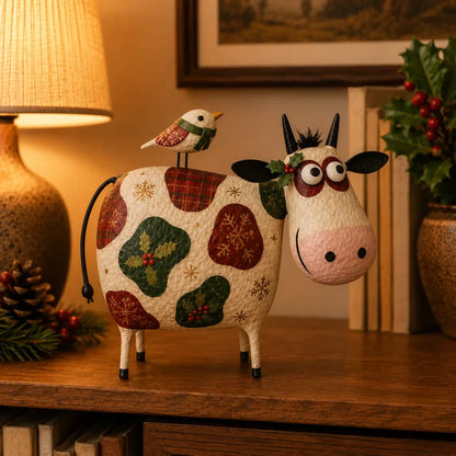 🐄Whimsical Cow & Bird Folk Art Figurine – Rustic Farmhouse Tabletop Decor Gift