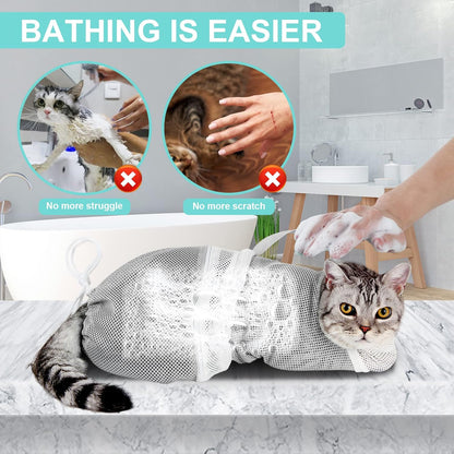 Cat Bath Mesh Bag, Portable Mesh Shower Bag, Cute Safe Adjustable Drawstring Design Travel Bathing Bag for Cats Grooming