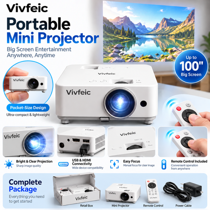 🎬 Portable Mini Projector 📽️ – 100' Big Screen, HDMI & USB, Remote Control Included