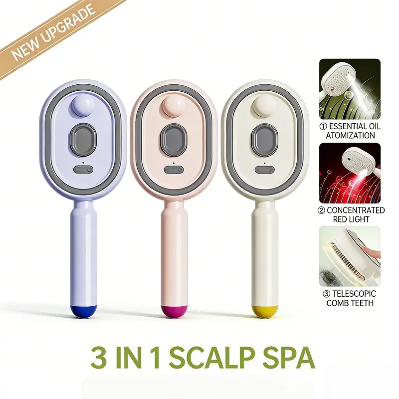 💆‍♀️ 3-in-1 Spray Comb – Mist + Massage + Red Light, Anti-Frizz, Detangling