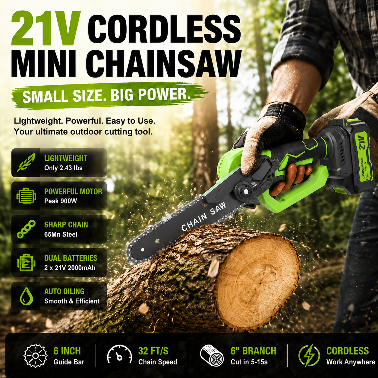 ⚡ 21V Cordless Mini Chainsaw – Dual Battery Garden Cutter🔋