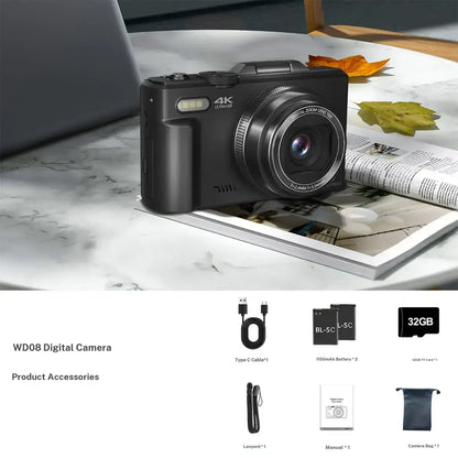 WIKICO WD08 4K Digital Camera, 64MP Vlogging Camera with 180° Flip Screen, 18X Digital Zoom, Compact Point and Shoot Camera, Portable Mini Camera for Teens, Beginners, Gift, 4 Colors Black/White/Green/Brown