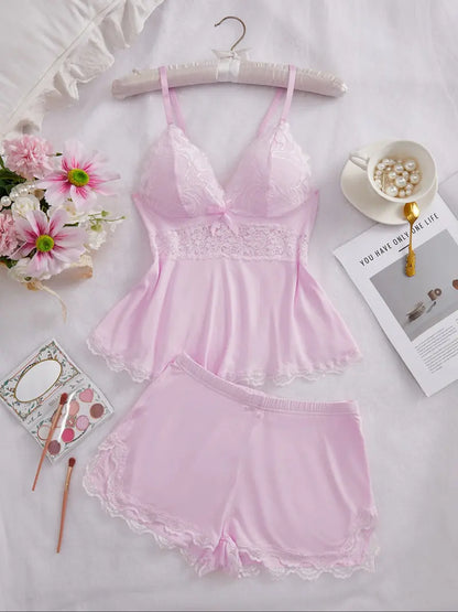 Women's Plain Lace Patchwork Bow Decor Cami Top & Shorts Pajama Set