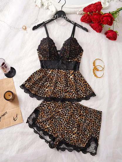 Women's Plain Lace Patchwork Bow Decor Cami Top & Shorts Pajama Set