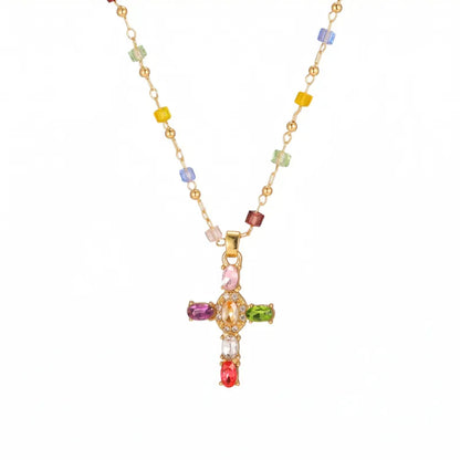 💎 Colored Gemstone Cross Necklace – Natural Gemstones, Handcrafted Jewelry of Faith