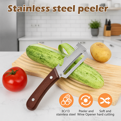 ❤️‍🔥Wooden-Handled Stainless Steel Sharp Peeler with Built-In Bottle Opener