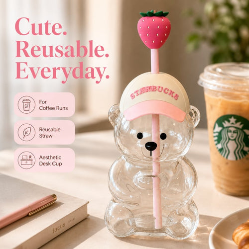 2026 New Cute Beaar Glass Tumbler with Bear Lid & Strawberry Straw