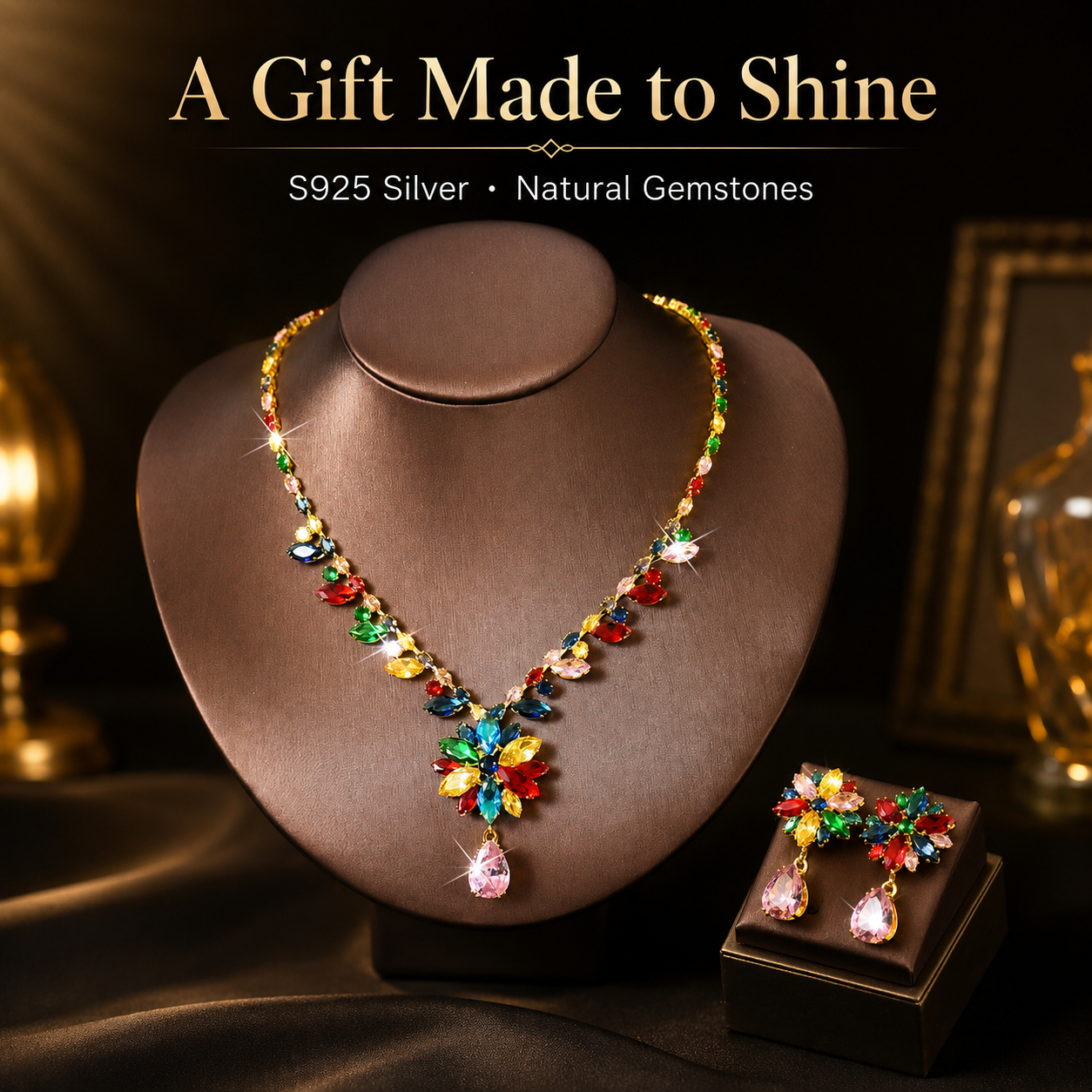💎 2026 Crystal Zircon Flower Jewelry Set – Necklace + Earrings, Luxury Gift