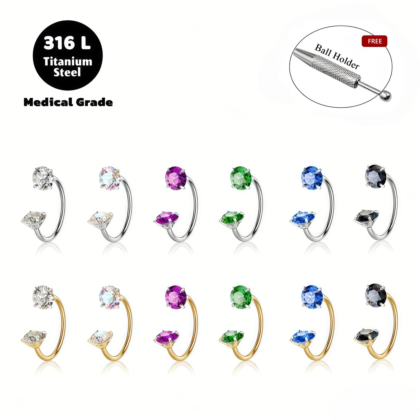 6pcs Value Pack 316L medical-grade titanium steel 18G 1.0mm Horseshoe Nose Hoop Internally Threaded Gems Nose Ring with Free Ball Holder & Guiding Needle