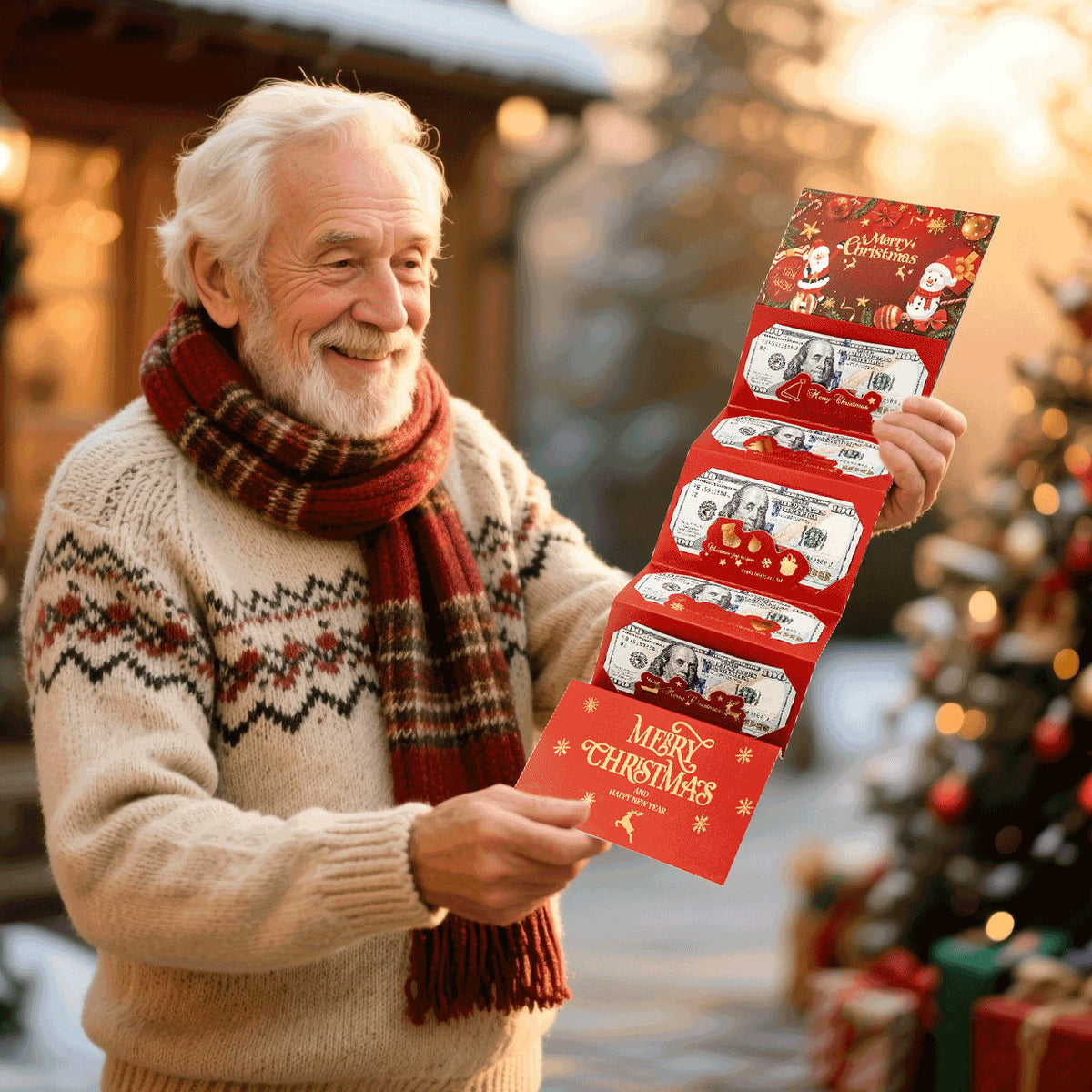 Older man opening Christmas cash gift envelope