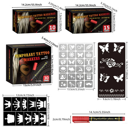 🎨 Temporary Tattoo Markers | Colorful Body Art & Stencil Kit