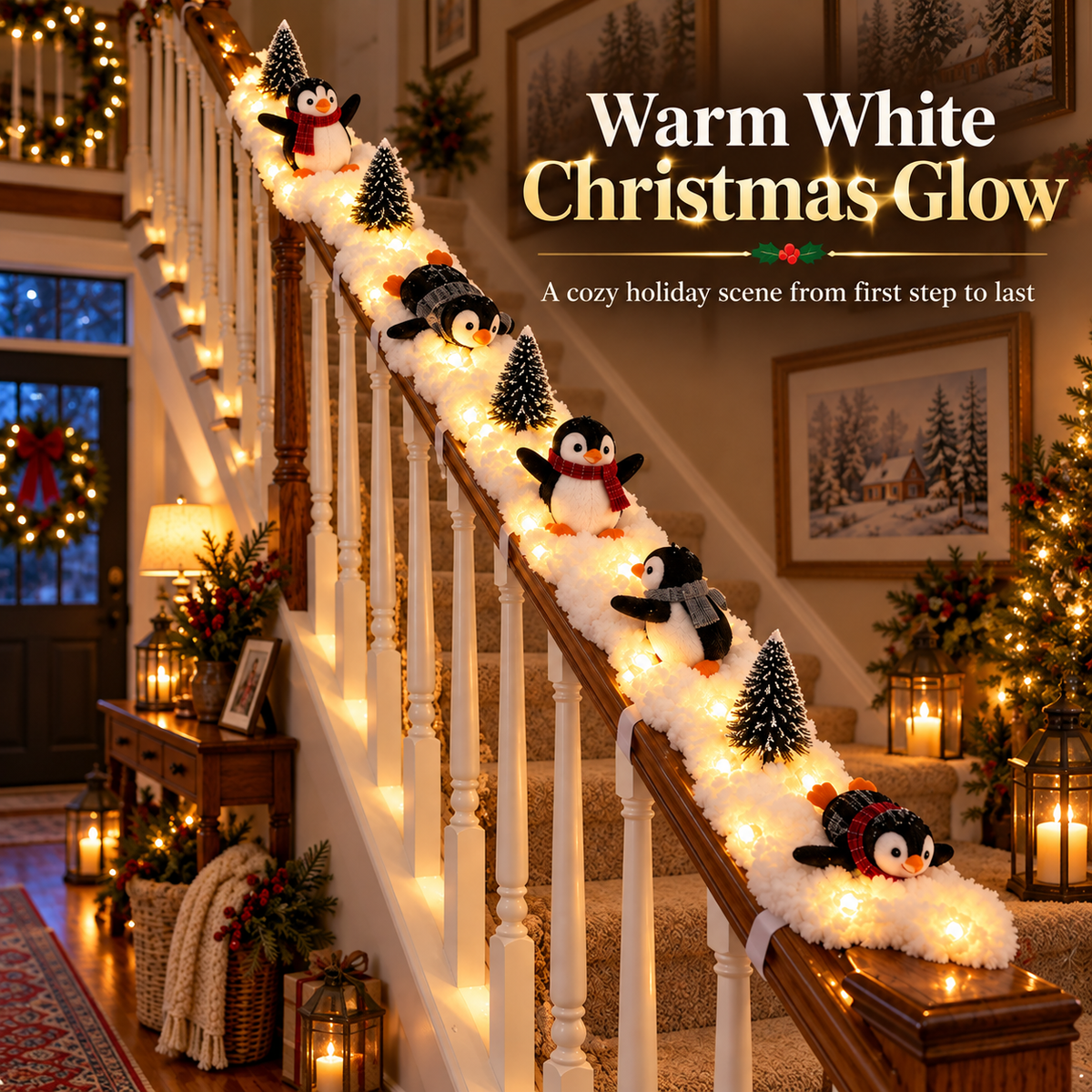 🐧 Light-Up Penguin Christmas Stair Garland – Turn Your Banister Into a Winter Wonderland ✨