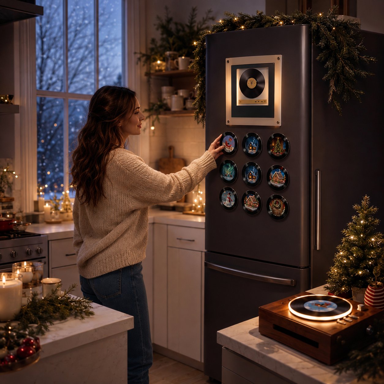 🎄 Mini Christmas Vinyl Music Player – 9 Records, Lights & Spinning Design