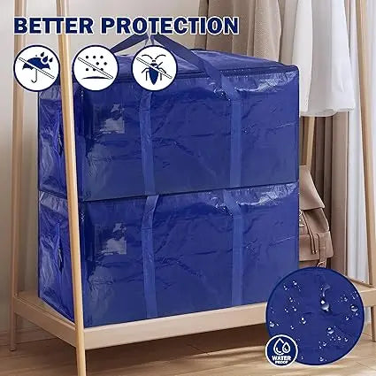 Extra-Large, Heavy-Duty Moving Bags—Waterproof storage bags with handles and zippers, foldable, ideal for college dorms and home storage.