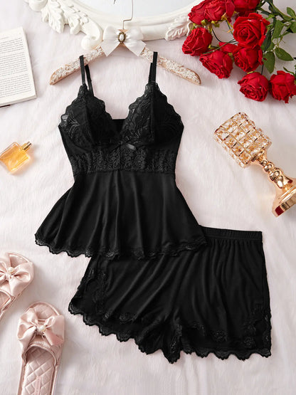 Women's Plain Lace Patchwork Bow Decor Cami Top & Shorts Pajama Set