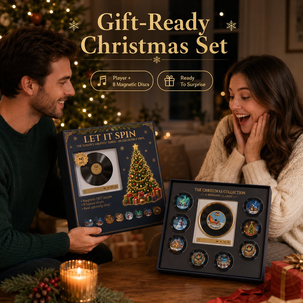 🎄 Mini Christmas Vinyl Music Player – 9 Records, Lights & Spinning Design