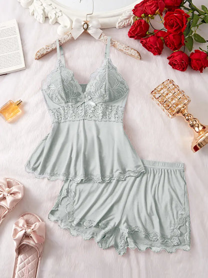Women's Plain Lace Patchwork Bow Decor Cami Top & Shorts Pajama Set