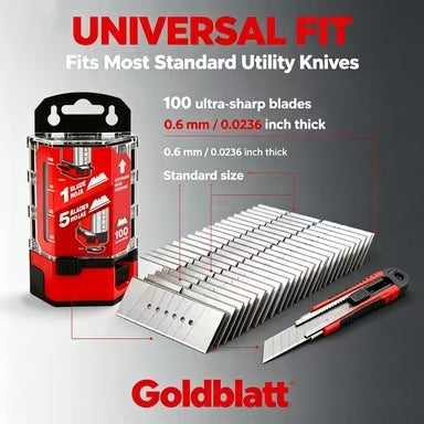 Goldblatt 100-Pack Utility Blades Premium Tempered SK2M Steel with Dispenser