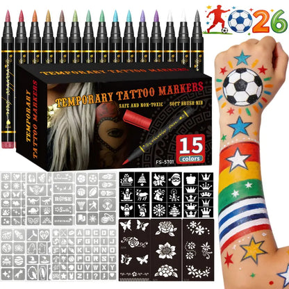 🎨 Temporary Tattoo Markers | Colorful Body Art & Stencil Kit