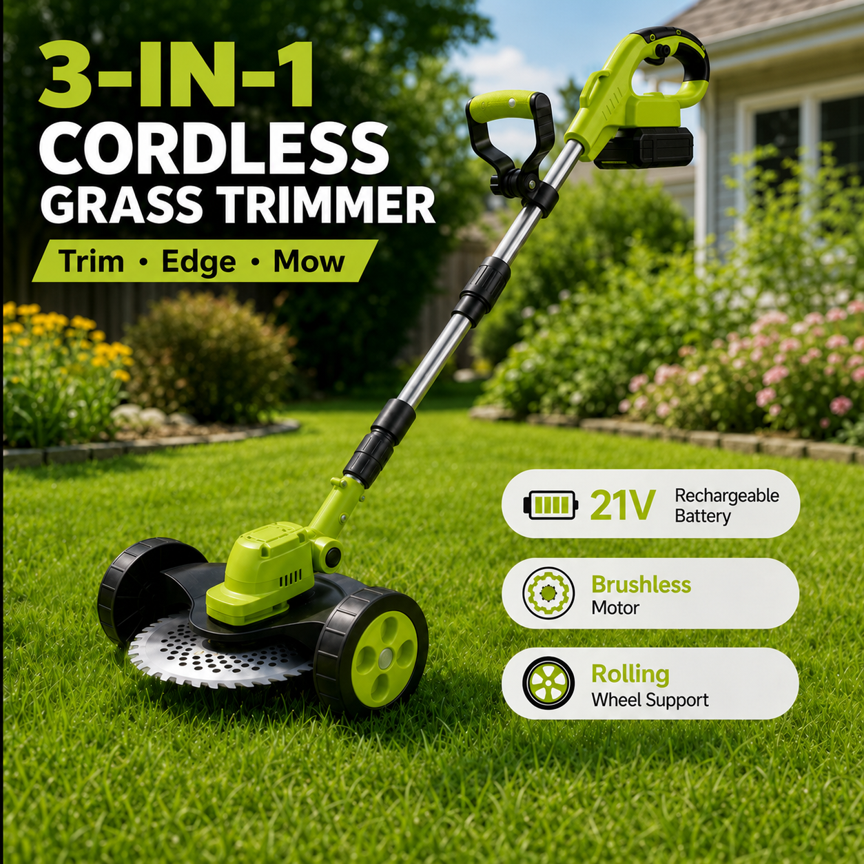 🌿21V 3-in-1 Cordless String Trimmer, Edger & Mini Mower – 2 Batteries Included