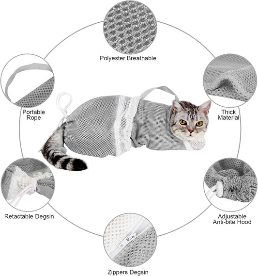 Cat Bath Mesh Bag, Portable Mesh Shower Bag, Cute Safe Adjustable Drawstring Design Travel Bathing Bag for Cats Grooming