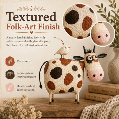 🐄Whimsical Cow & Bird Folk Art Figurine – Rustic Farmhouse Tabletop Decor Gift