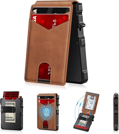 🎁Wallet for Men- Pop Up Case, Cash Slot, and Credit Card Slot - Aluminum Wallet with RFID Blocking, Minimalist Leather Wallet Front Pocket with ID Window