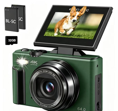WIKICO WD08 4K Digital Camera, 64MP Vlogging Camera with 180° Flip Screen, 18X Digital Zoom, Compact Point and Shoot Camera, Portable Mini Camera for Teens, Beginners, Gift, 4 Colors Black/White/Green/Brown