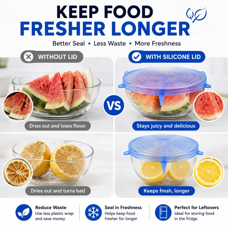 6 Pack Reusable Silicone Stretch Lids | Food-Grade Airtight Covers for Bowls, Pots, Fruits | BPA-Free Microwave & Freezer Safe