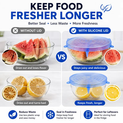 6 Pack Reusable Silicone Stretch Lids | Food-Grade Airtight Covers for Bowls, Pots, Fruits | BPA-Free Microwave & Freezer Safe